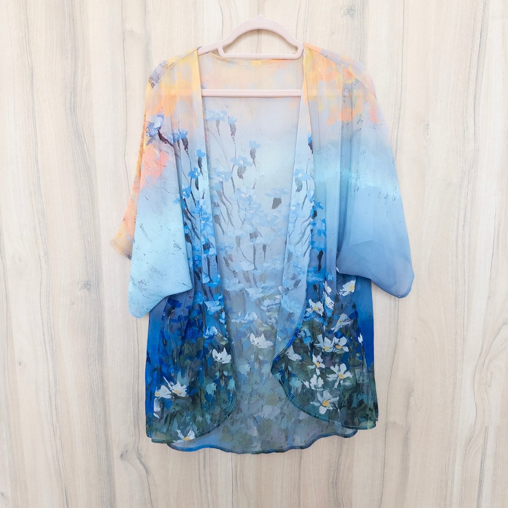 Womens Floral Sheer Kimono Cardigan Large Blue Impressionist Artsy Romantic